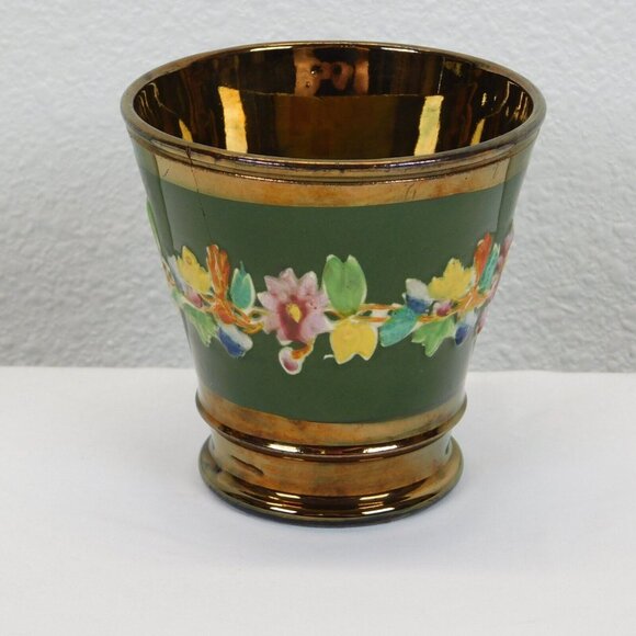 Copper Lusterware Floral Design Beaker Pudding Cup Antique 4" mid 1800's FLAW - Picture 1 of 10